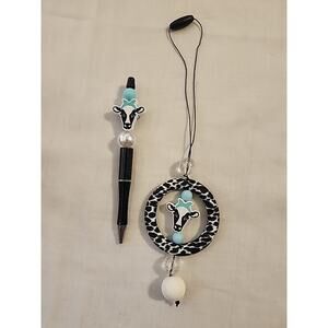 Car Charm For Rear View & Bed Pen Combo Cow Print Black & White Blue